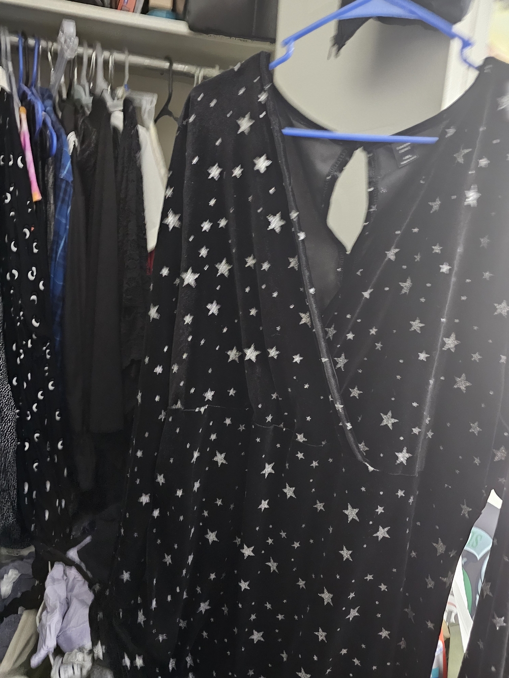 SHEIN Black Star Print Velvet Dress with Silver Stars